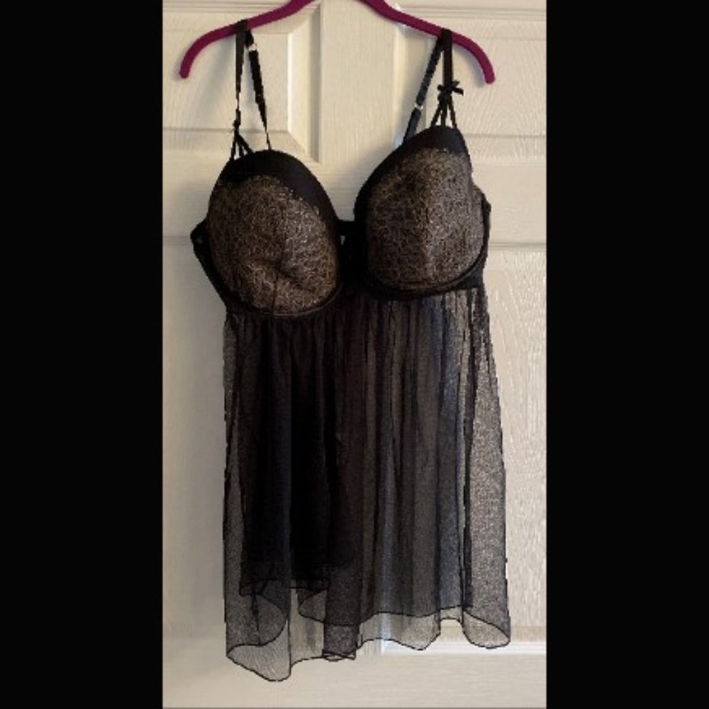 NWT Cacique Black Baby Doll Nighty + Thong - 44DDD
